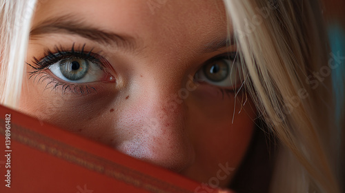 Teen girl hiding smile behind book with a sideways glance