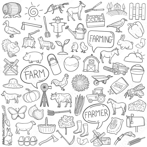 Farmer Doodle Line Art Illustration. Hand Drawn Vector Clip Art Set.
