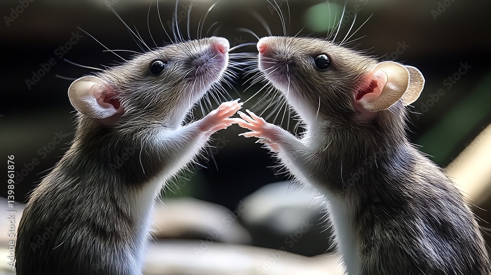 Charming capture of two mice engaging in a cute and playful moment in a soft natural setting : Generative AI