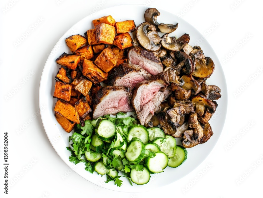 Grilled steak with roasted sweet potatoes, mushrooms, and fresh vegetables on a plate.