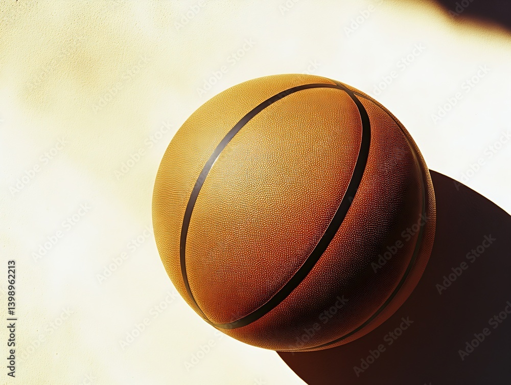 Close up of a classic orange basketball resting on a smooth surface casting a soft shadow : Generative AI