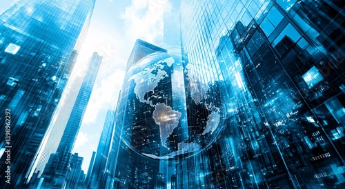 Abstract digital globe surrounded by skyscrapers with bright blue light beams.