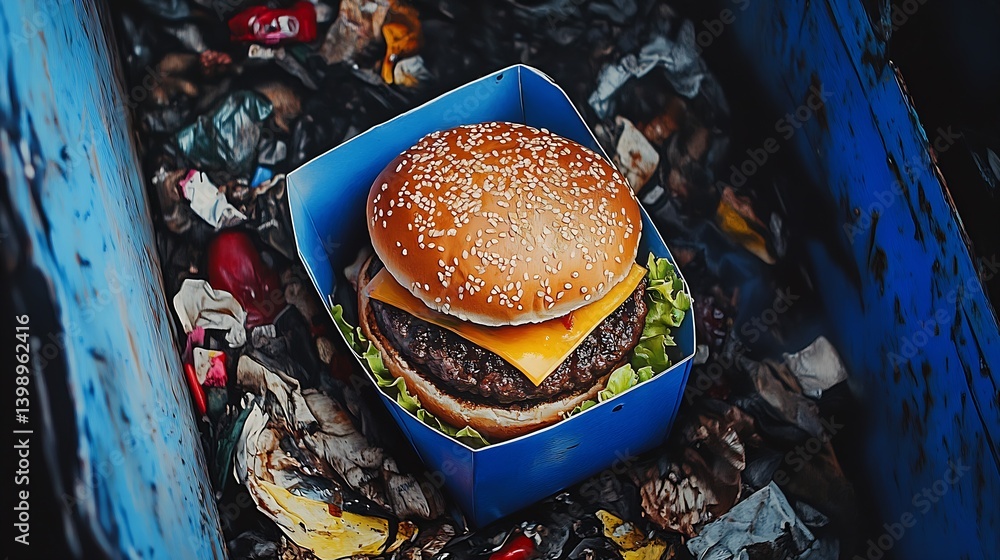 Appealing view of a cheeseburger in a blue box surrounded by colorful trash emphasizing waste and food quality : Generative AI