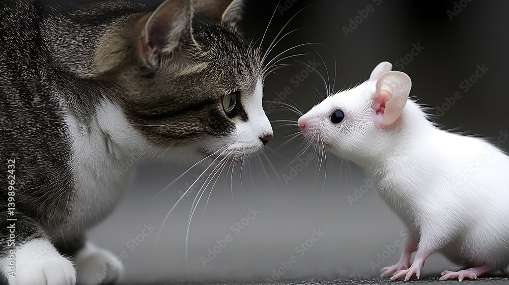 Endearing interaction between a playful white mouse and an inquisitive cat in a cozy indoor setting : Generative AI