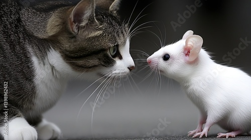 Obraz na płótnie Endearing interaction between a playful white mouse and an inquisitive cat in a cozy indoor setting : Generative AI w salonie