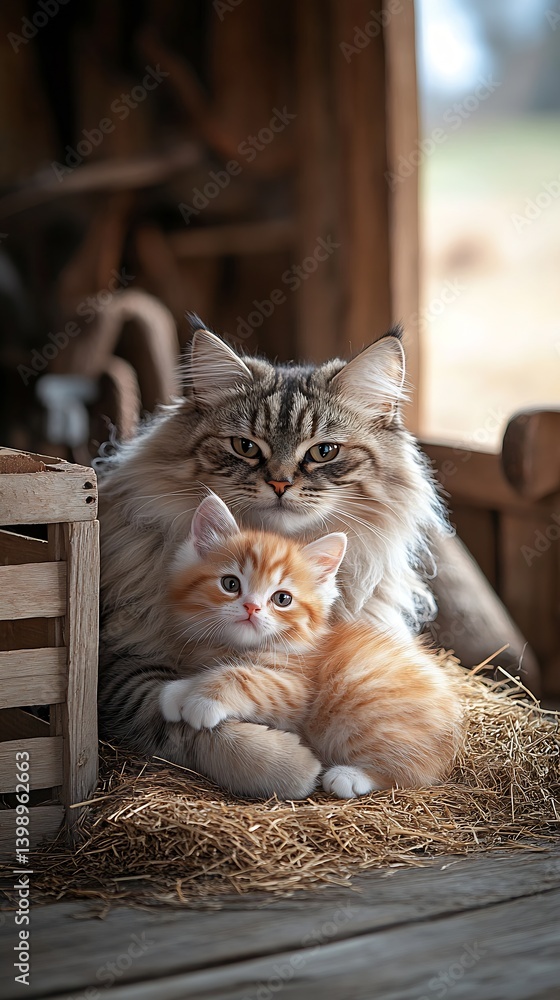 Charming mother cat lovingly embraces her cute orange kitten in a tranquil rustic barn scene : Generative AI
