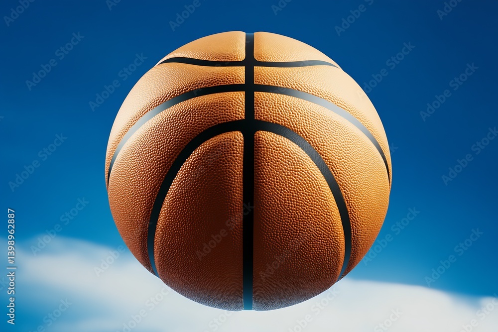 High Resolution Basketball Floating Against a Clear Blue Sky Background Capturing Motion and Sport Energy : Generative AI