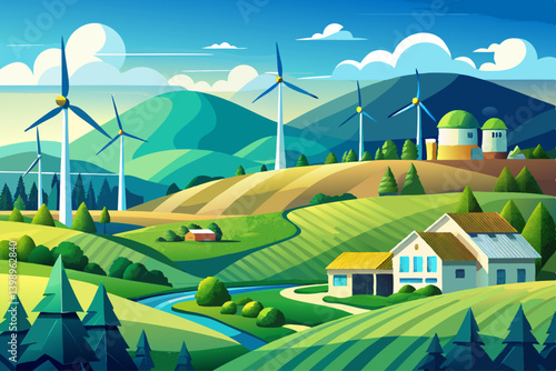 vector of Beautiful countryside with modern wind farm, renewable energy and sustainable development concept, wind turbines in green pastures, alternative energy,