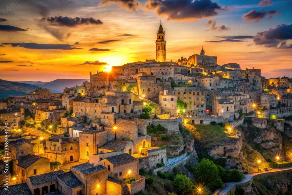 Fototapeta premium Matera Sasso Caveoso Panorama: Breathtaking Bokeh Gravina View, Italian Architecture