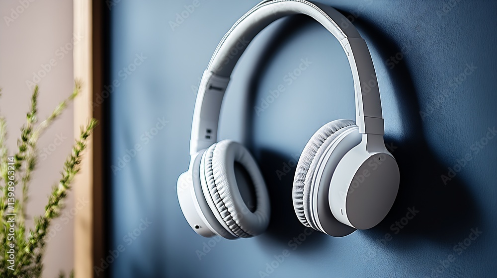 Contemporary white headphones neatly placed on a wall featuring beautiful light and greenery in the background : Generative AI