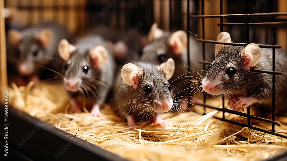 Curious pet rats peeking out of their cage in a natural straw environment showcasing their playful nature : Generative AI
