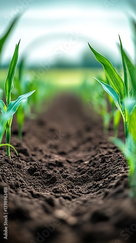 Obraz na płótnie Vibrant green corn plants growing in rich brown soil under bright skies : Generative AI w salonie