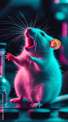 Obraz na płótnie Dynamic shot of a rat in vibrant colors showcasing its lively spirit and engaging with its environment under neon lights : Generative AI w salonie