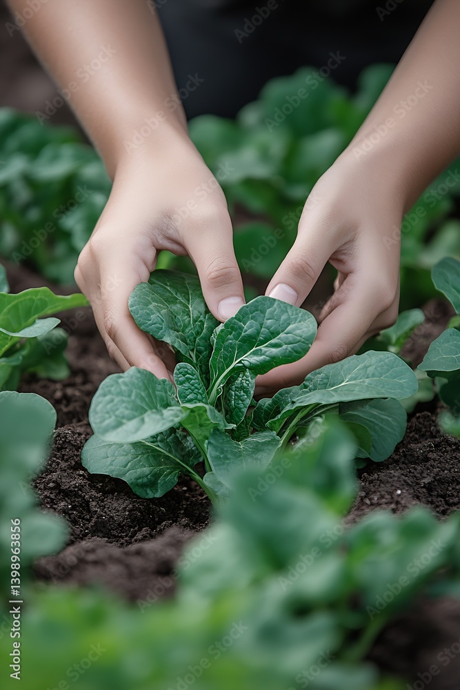 Hands nurturing vibrant spinach leaves in a garden setting emphasizing growth and the joy of gardening : Generative AI