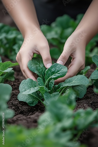 Obraz na płótnie Hands nurturing vibrant spinach leaves in a garden setting emphasizing growth and the joy of gardening : Generative AI w salonie