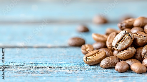 Roasted coffee beans on distressed light blue wood