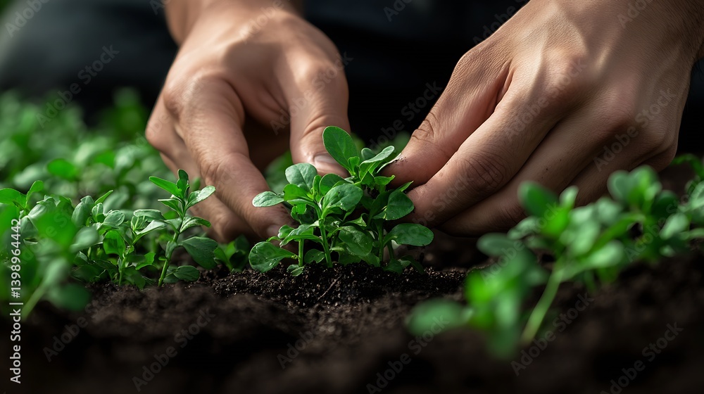 Hands of a gardener carefully planting seedlings in the garden soil to ensure their healthy development and vitality : Generative AI