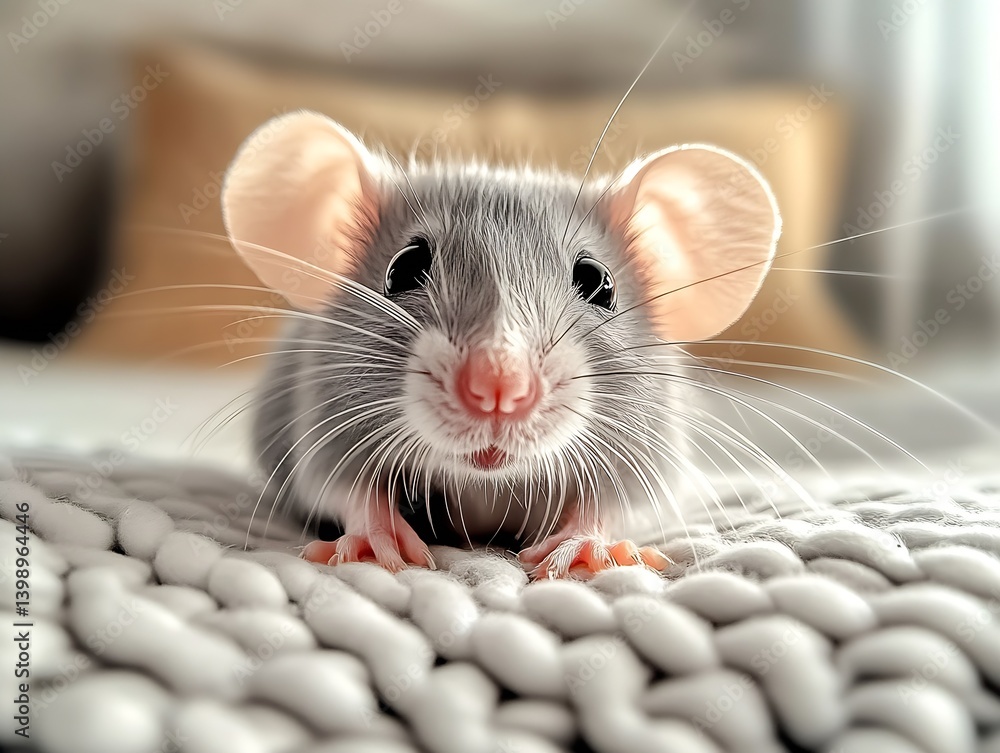 Adorable close up of a cute gray mouse with large ears sitting on a cozy textured surface : Generative AI