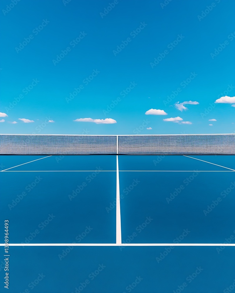 Bright and pristine tennis court with clear blue skies and soft clouds above : Generative AI