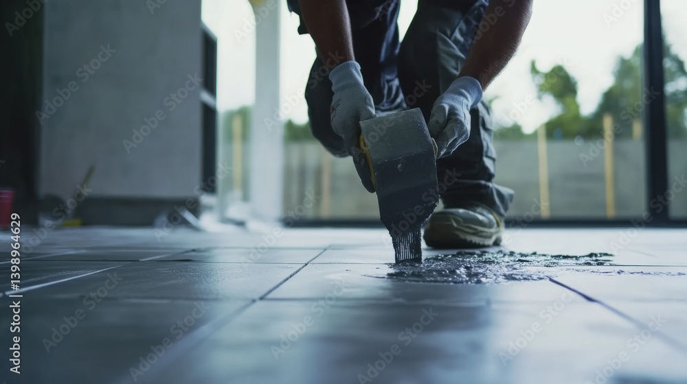 Obraz premium A Hispanic construction worker pouring grout into tiles at a construction site. Featuring precision and craftsmanship