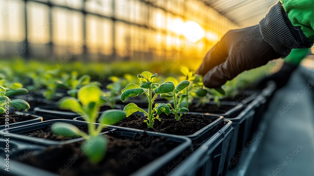 Gardener picking young shoots in a lush greenhouse bathed in warm golden sunlight : Generative AI
