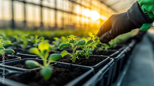 Obraz na płótnie Gardener picking young shoots in a lush greenhouse bathed in warm golden sunlight : Generative AI w salonie