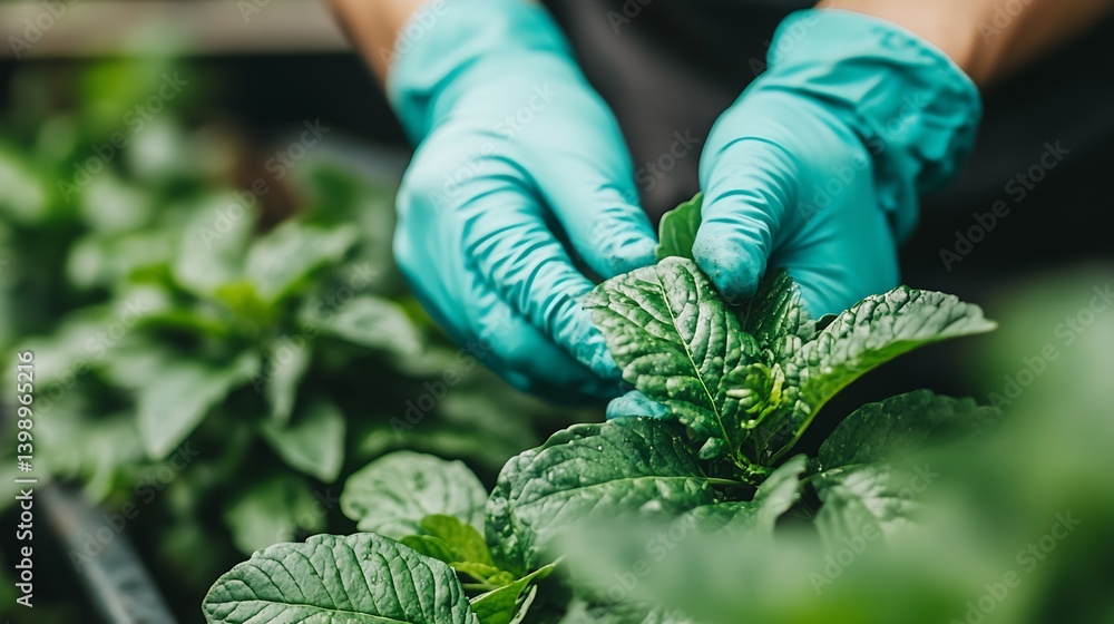 Dedicated gardener in gloves meticulously tending to lush mint leaves in a garden bed enhancing plant health : Generative AI