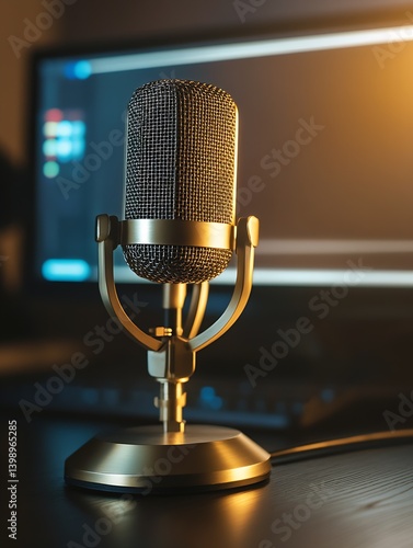 Stylish vintage microphone in front of a computer screen with soft lighting effects for content creators : Generative AI