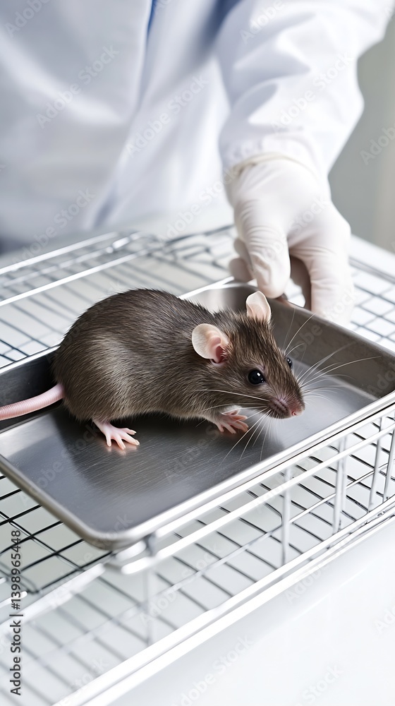 Mouse sitting calmly in a stainless steel tray during a laboratory examination process : Generative AI