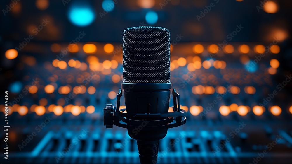 Close up shot of elegant microphone highlighted by blurred lights on audio mixing console background : Generative AI