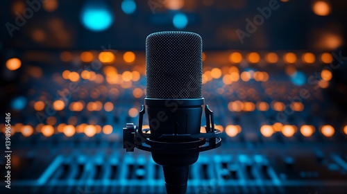 Obraz na płótnie Close up shot of elegant microphone highlighted by blurred lights on audio mixing console background : Generative AI w salonie