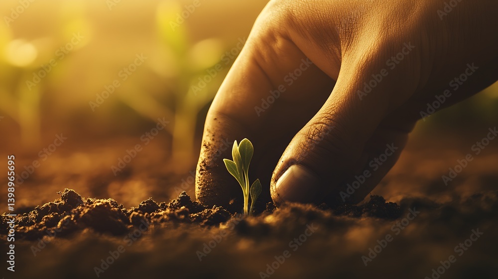 Hand of a gardener planting a young green plant in dark soil during sunset : Generative AI