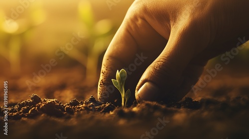 Obraz na płótnie Hand of a gardener planting a young green plant in dark soil during sunset : Generative AI w salonie