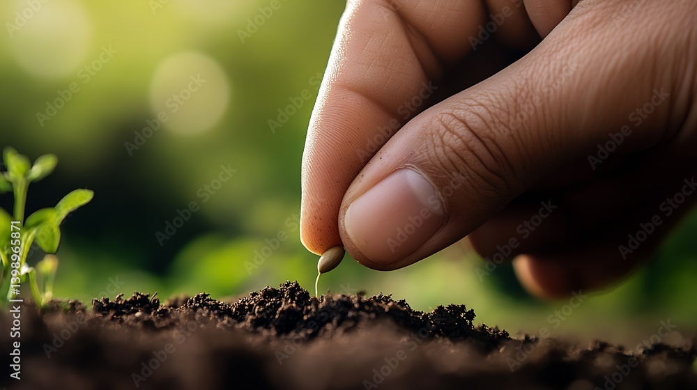 Detailed Image of a Hand Planting a Tiny Seed into Dark Soil for New Beginnings : Generative AI