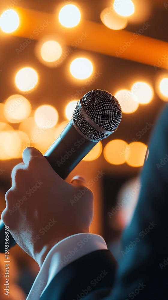 Dramatic close up of a microphone held firmly in hand at a festive gathering illuminated by bokeh lights : Generative AI