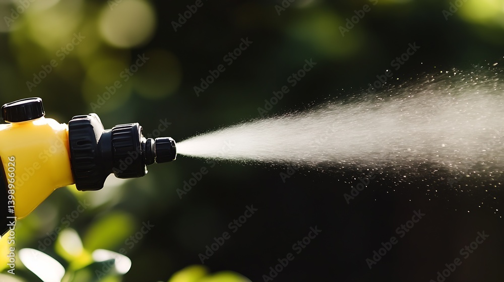 Yellow Water Spray Nozzle Releasing Water Vapor in a Beautiful Garden Setting : Generative AI