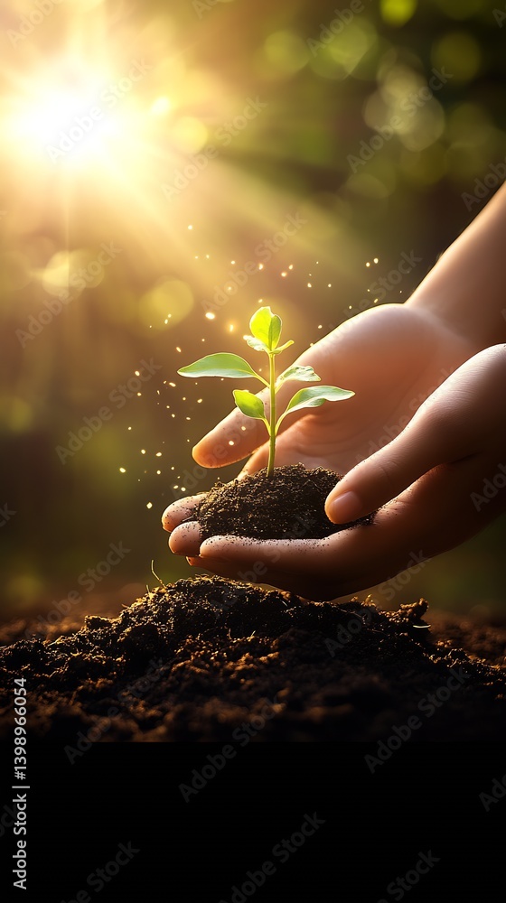 Close-up of hands cradling rich soil with a sprouting green plant demonstrating nature's resilience and vitality : Generative AI