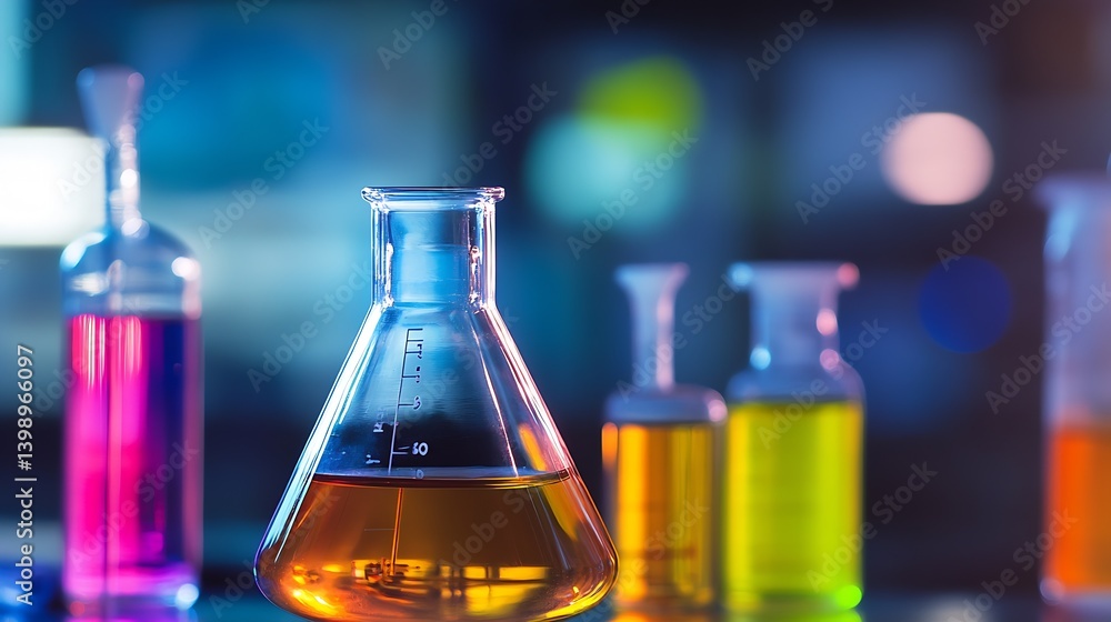 Vibrant laboratory flasks filled with assorted liquids showcasing chemical experiments in action : Generative AI