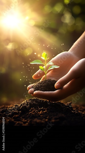 Obraz na płótnie Close-up of hands cradling rich soil with a sprouting green plant demonstrating nature's resilience and vitality : Generative AI w salonie