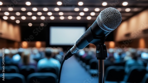 Close Up of a Microphone on a Stand with Audience in a Conference Room Setting : Generative AI