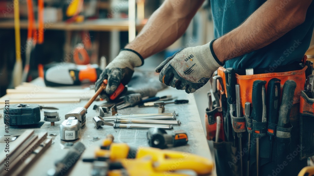 A Hispanic construction worker preparing construction tools for use at a job site. Featuring care and readiness A Hispanic construction worker preparing construction tools for use at a job site. Featuring care and readiness