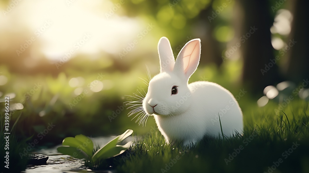 Delightful white rabbit standing curiously in the fresh green grass beside a small water patch : Generative AI