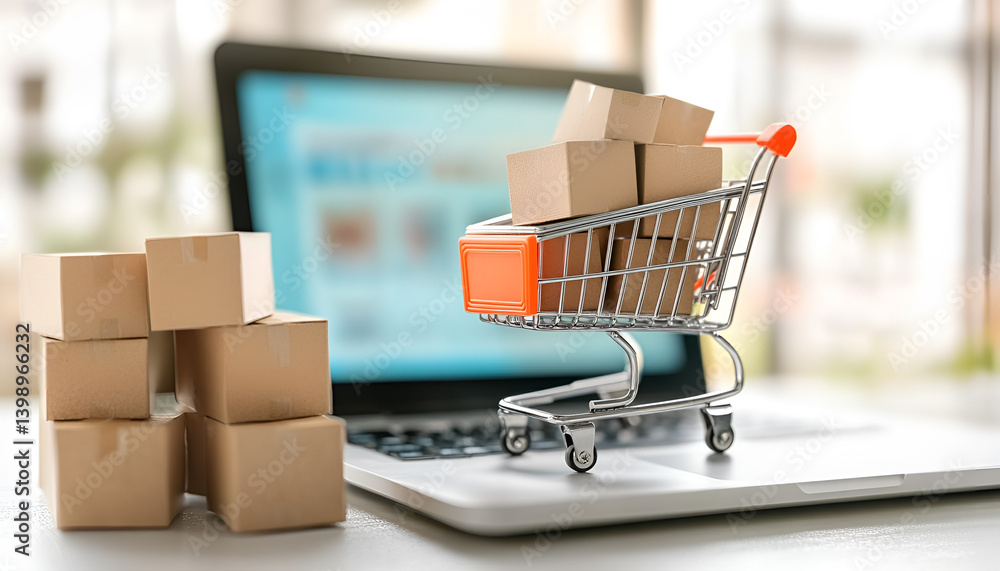 A laptop screen shows a shopping cart full of boxes. The boxes are stacked on top of each other, and the cart is filled with them. Concept of shopping and the concept of a virtual shopping experience A laptop screen shows a shopping cart full of boxes. The boxes are stacked on top of each other, and the cart is filled with them. Concept of shopping and the concept of a virtual shopping experience