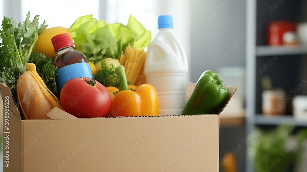 Vibrant Box of Fresh Produce and Groceries Including Vegetables and Drinks for Healthy Eating : Generative AI