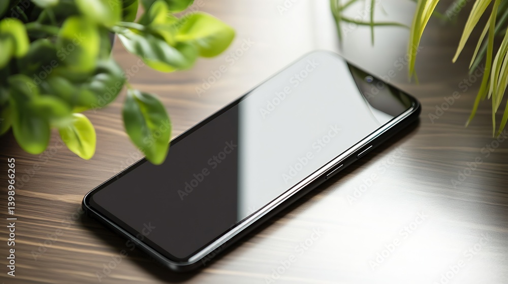 Sleek smartphone displayed on a polished wooden surface with decorative foliage adding a touch of tranquility : Generative AI