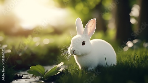 Obraz na płótnie Delightful white rabbit standing curiously in the fresh green grass beside a small water patch : Generative AI w salonie