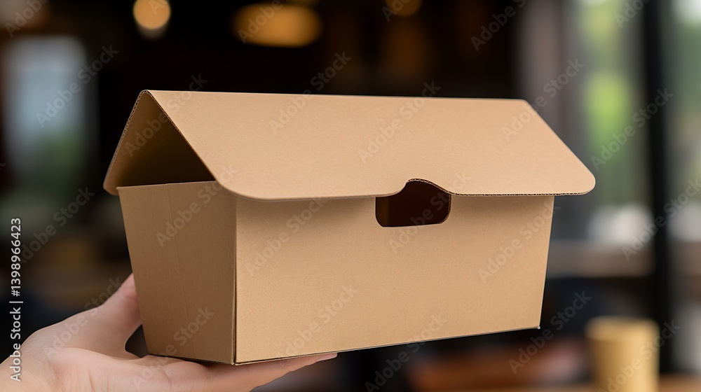 Chic brown food box held in hand perfect for storing takeout meals in a trendy restaurant atmosphere : Generative AI