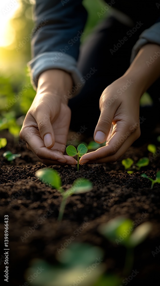 Tender Moment of Caring for Young Seedling with Rich Dark Earth in Natural Light : Generative AI