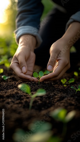 Obraz na płótnie Tender Moment of Caring for Young Seedling with Rich Dark Earth in Natural Light : Generative AI w salonie