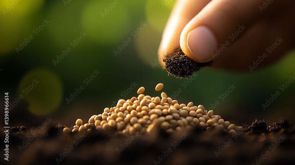 Close up of hand adding fine soil on top of seeds in rich earth to ensure healthy plant development : Generative AI